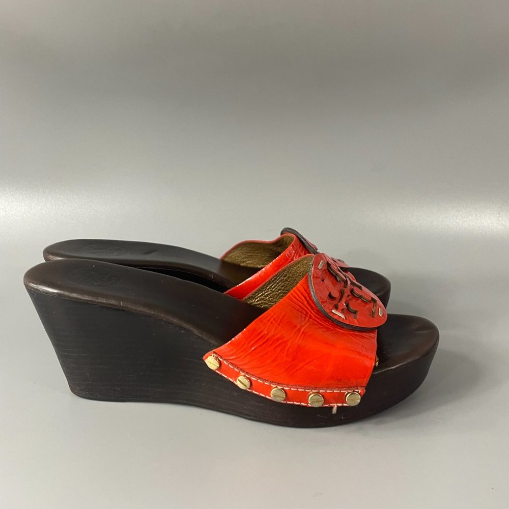 Tory Burch Platform Slides Orange Patent Leather Top, Size 8 M - Picture 2 of 12